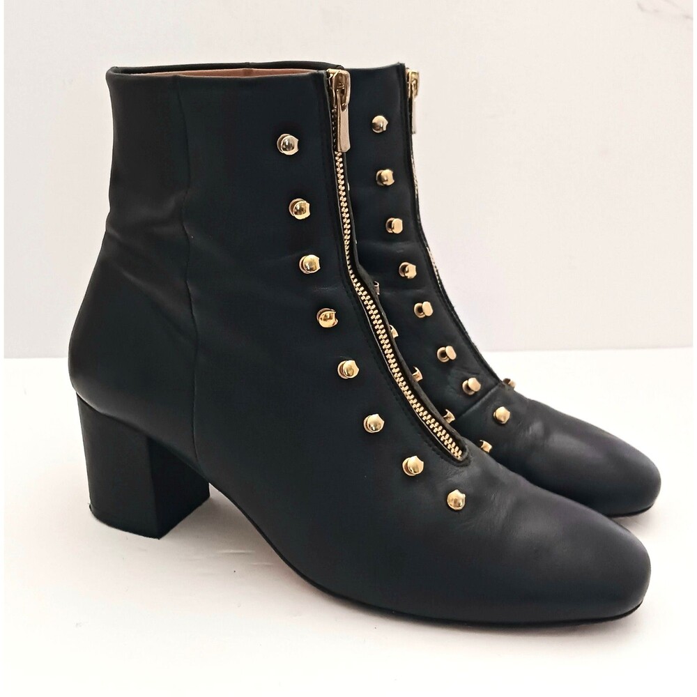 An Hour and A Shower Blk Leather Bootie Gold Studs Zipper Block Heel 40 US 9 - Picture 8 of 11